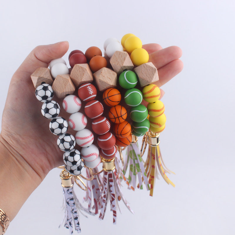Football Tassel Silicone Bead Wristlet Keychain Sports Theme 2