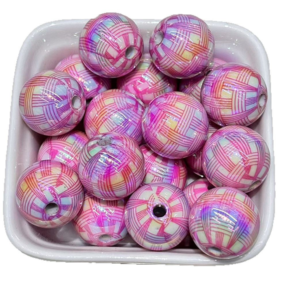 Plating Round Acrylic Beads 16mm UV Woven Plaid Pattern 100pcs 5