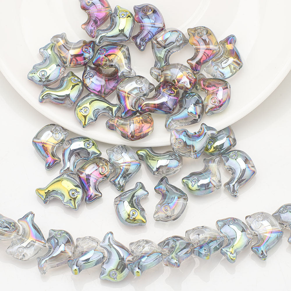 Plating 3D Dolphin Glass Beads 11x16mm Iridescent Colors 30pcs 10
