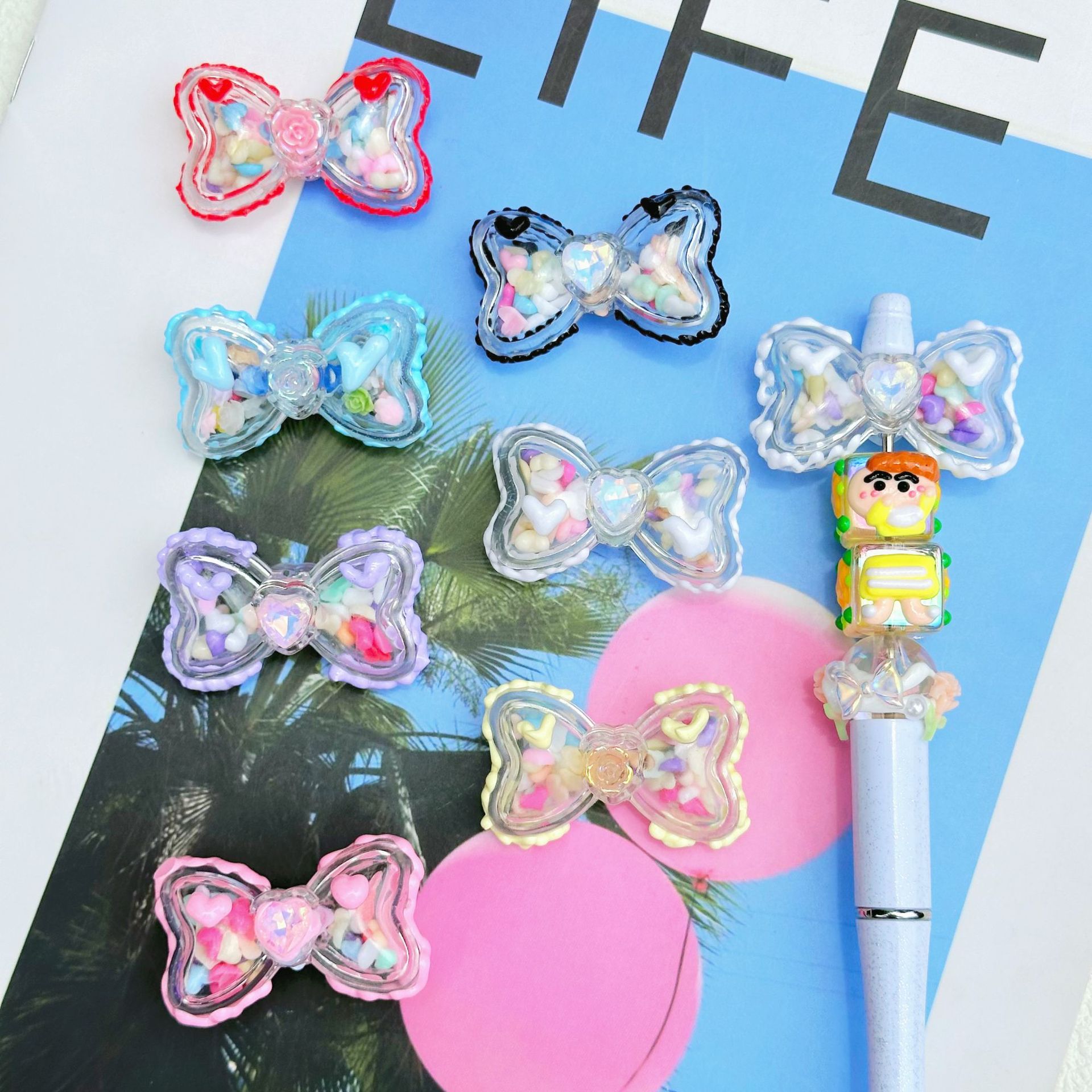 Hand Painted Bow Acrylic Beads 40mm Colorful Heart Design 5pcs 4
