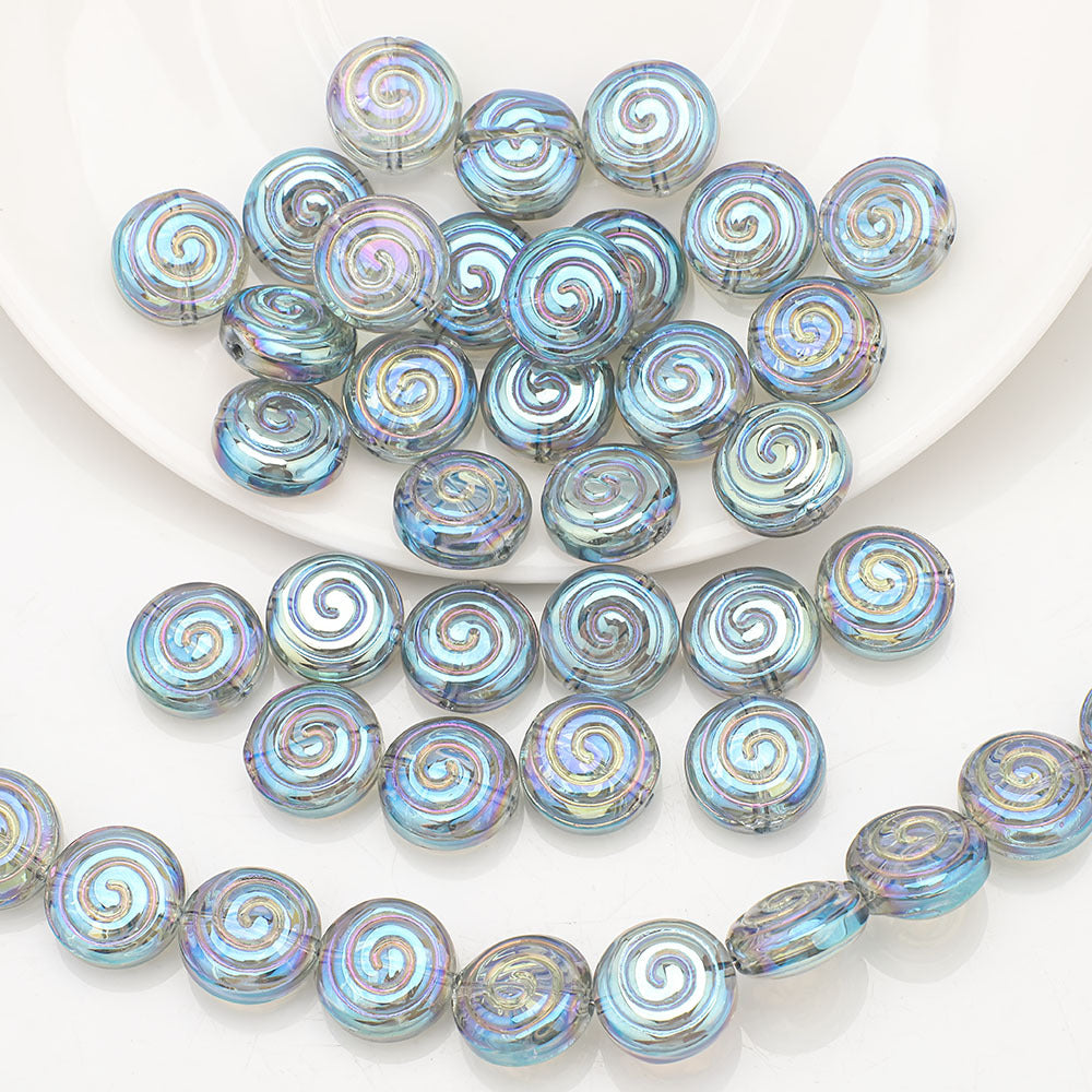 Electroplated Flat Spiral Glass Beads 12mm Metallic Iridescent 30pcs 9