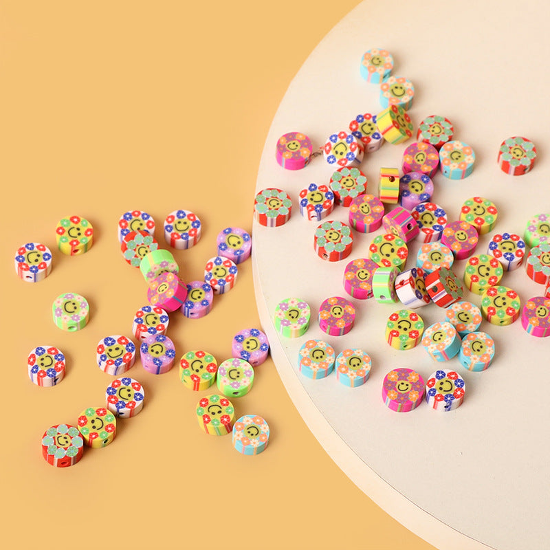 Flat Clay Beads 9mm Colorful Floral Smiling Face 100pcs 3