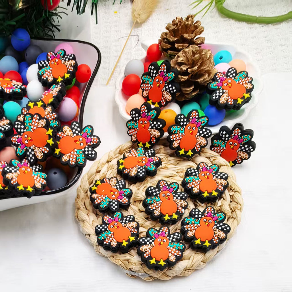 Silicone Focal Beads Colorful Peacock Vibrant Feathers Orange Bird 20pcs