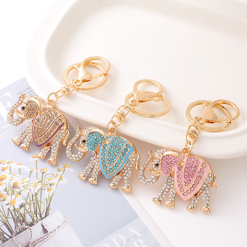 Rhinestone Elephant Keychain Metal Alloy Gold Tone Lake Blue Charm 4