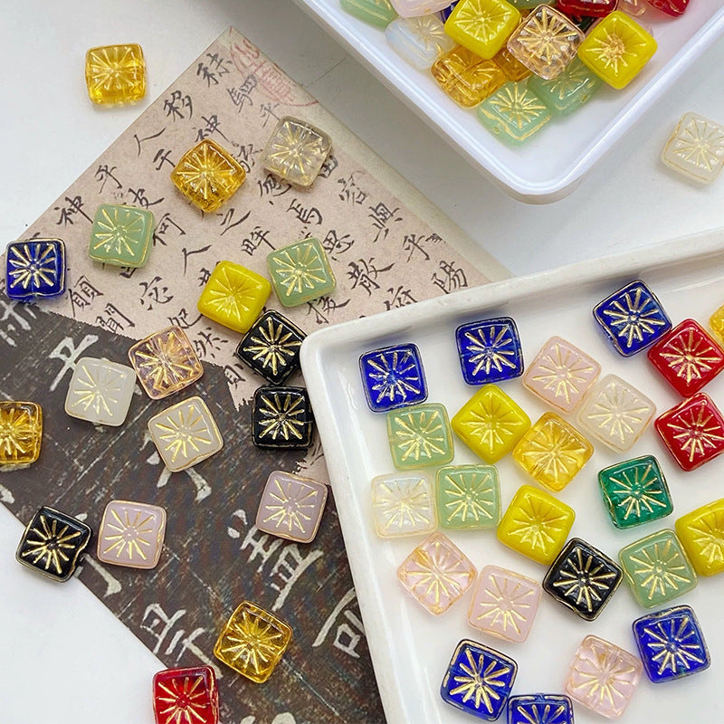 Lampwork Glass Beads Square 17mm Gilded Fireworks Pattern 10pcs 3