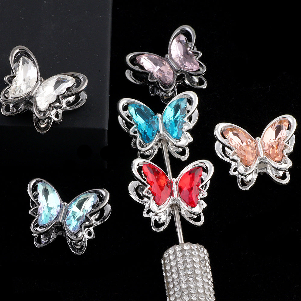 Butterfly Metal Beads 26mm Double-Sided Crystal Glass Embedded 3pcs