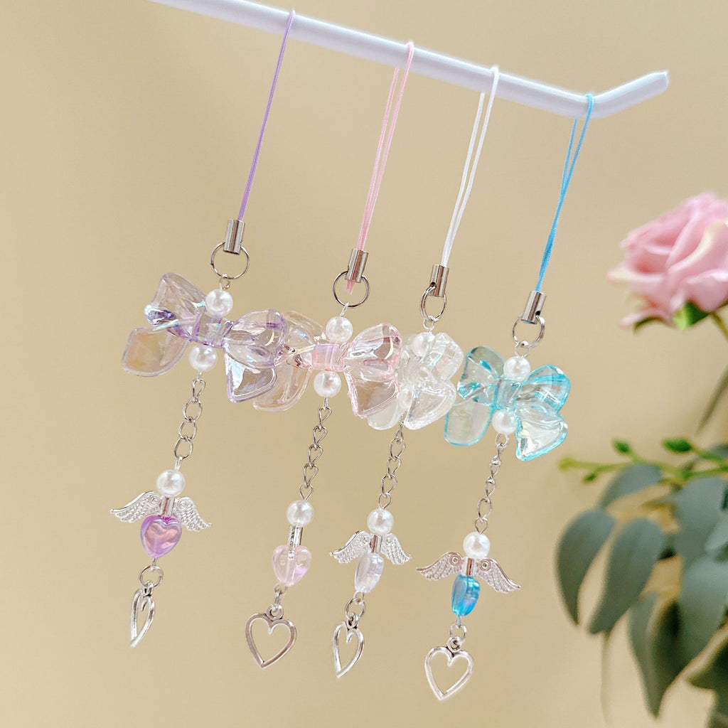 Acrylic Angel Wing Phone Charm Pastel Bow Pendant 4pcs 13cm 4
