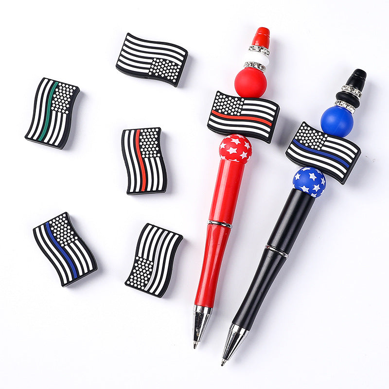 Silicone Focal Beads Red Blue Flag With Single Colored Stripe 20pcs 2