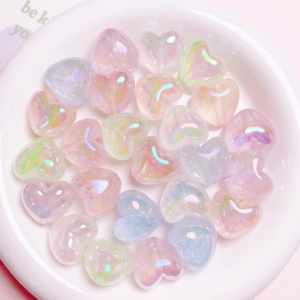 Glow Heart Acrylic Beads 21mm Glitter Iridescent Pastel 10pcs