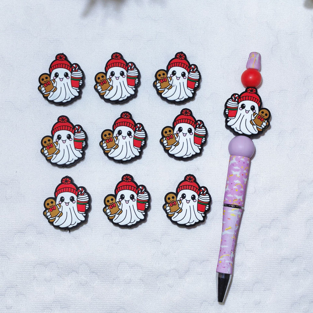 Silicone Focal Beads Halloween Ghost With Gingerbread and Hat 20pcs