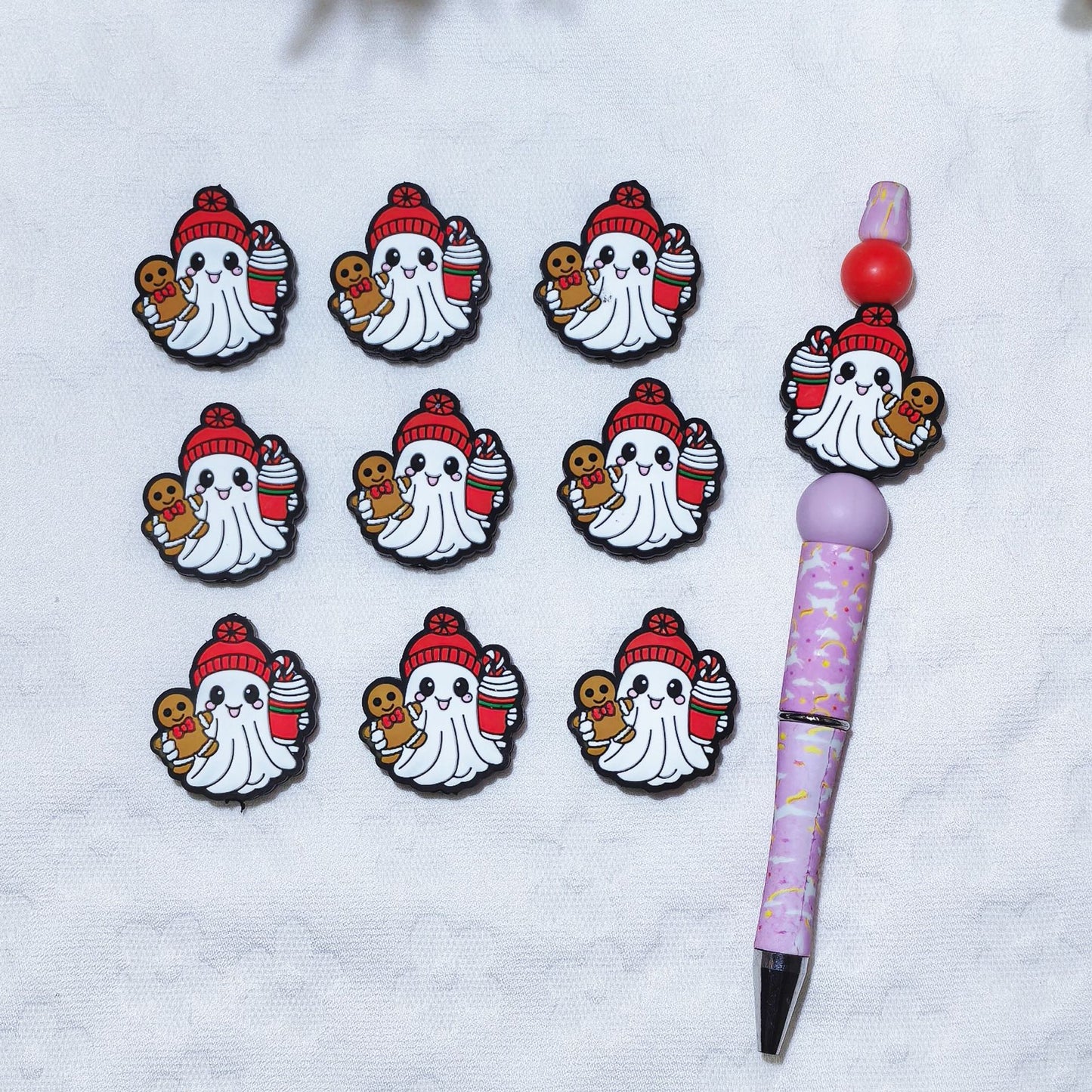 Silicone Focal Beads Halloween Ghost With Gingerbread and Hat 20pcs