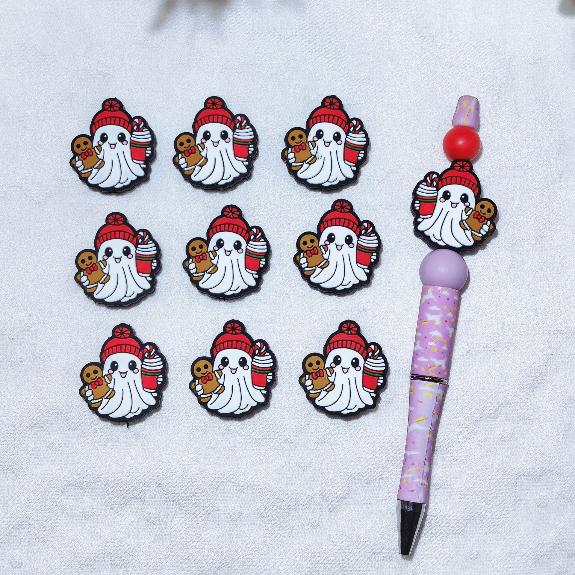 Silicone Focal Beads Halloween Ghost With Gingerbread and Hat 20pcs