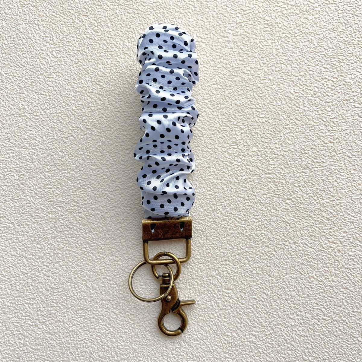 Plaid and Dotted Fabric Scrunchie Keychain with Vintage Brass Clasp 2pcs 6