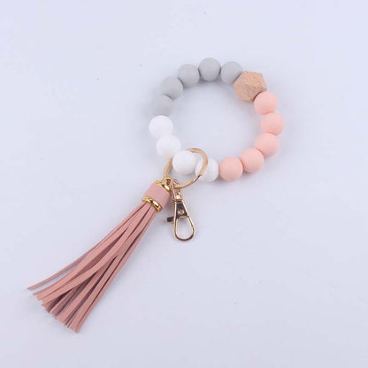 Octagonal Silicone Bead Wristlet Keychain Matte Beech Wood Tassel 9