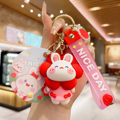 PVC Flower Bunny Keychain Cute Rabbit Charm with Nice Day Strap 9
