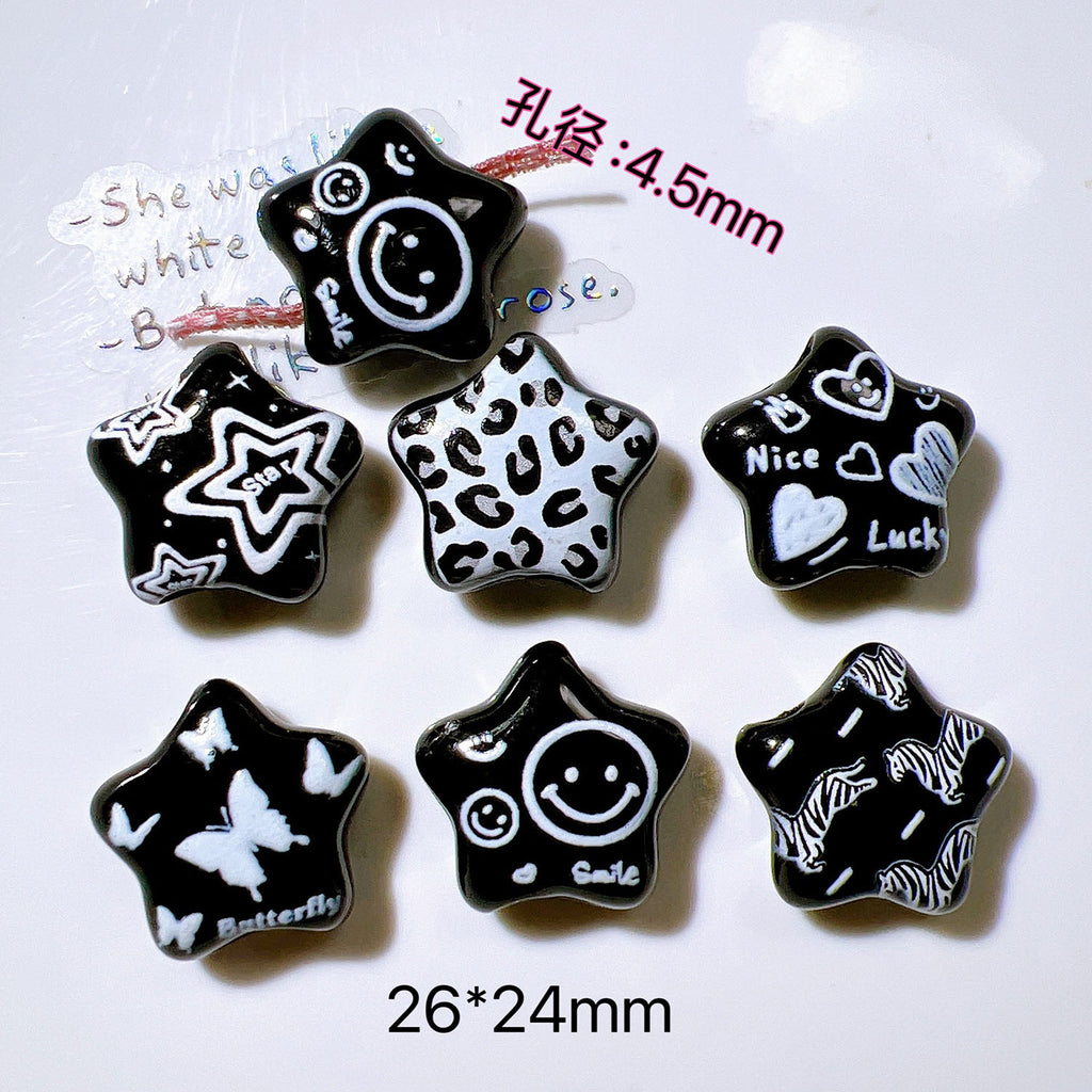 Embossed Star Acrylic Beads 26mm Black and White Tone 10pcs 2