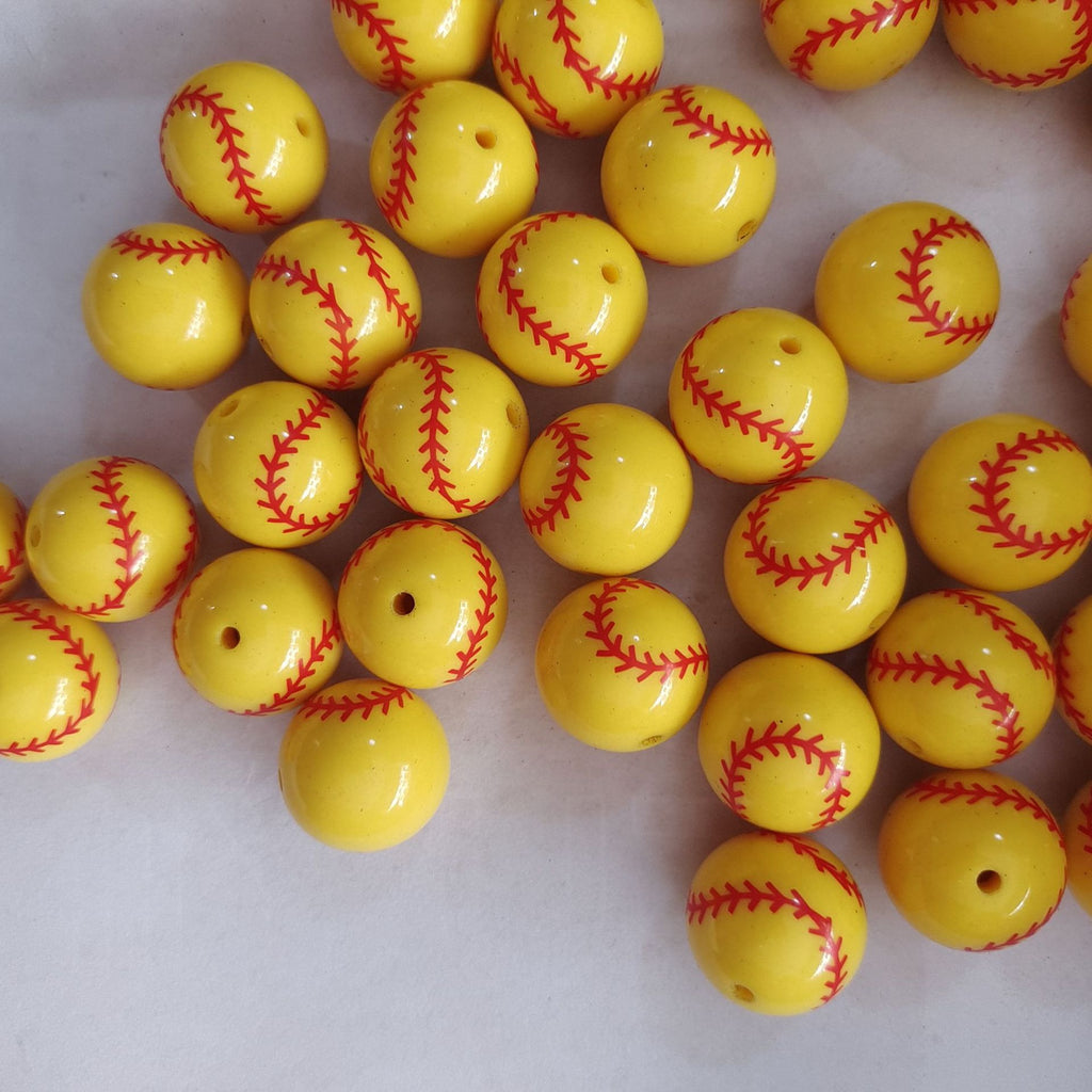Sports Bubblegum Beads 20mm Yellow Baseball Print 10pcs