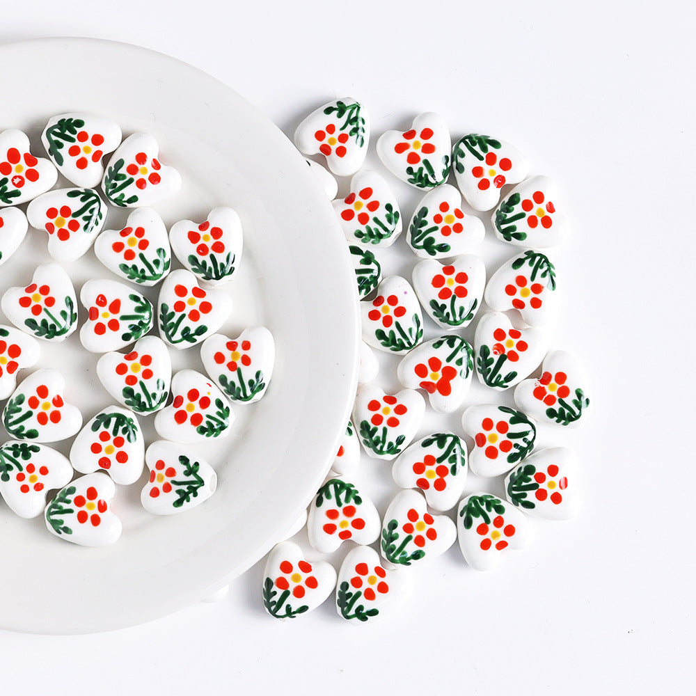 Fresh Floral Heart Ceramic Beads 15mm Hand Painted 5pcs 6