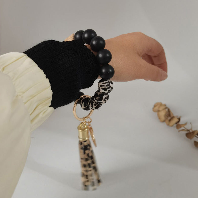 Leopard Print Silicone Bead Tassel Wristlet Keychain 3