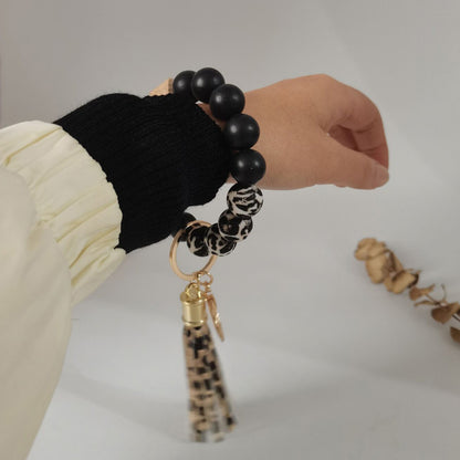 Leopard Print Silicone Bead Tassel Wristlet Keychain 3