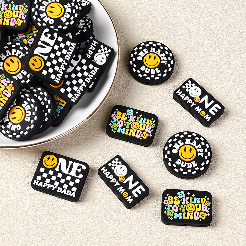 Silicone Focal Beads Cartoon Smiley Face Bold Black Background 20pcs