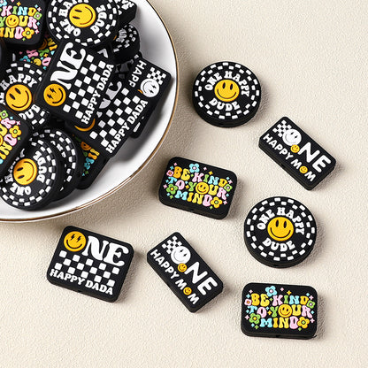 Silicone Focal Beads Cartoon Smiley Face Bold Black Background 20pcs