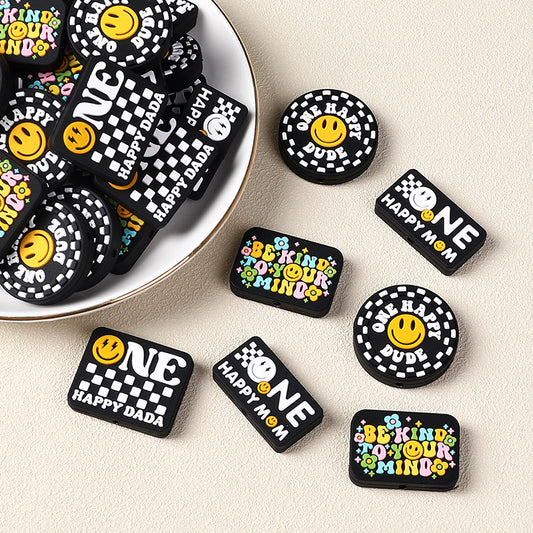 Silicone Focal Beads Cartoon Smiley Face Bold Black Background 20pcs