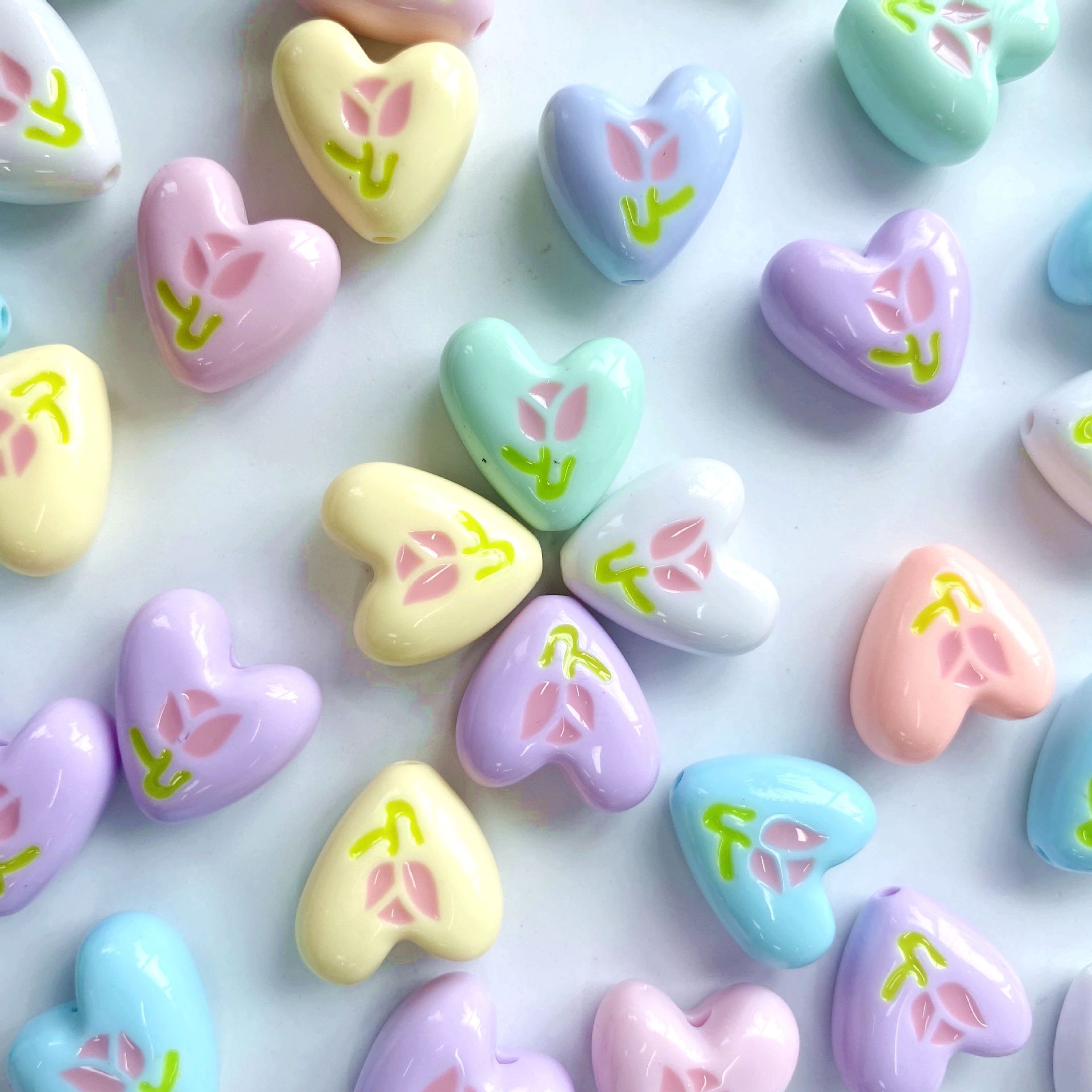Hand Painted Heart Acrylic Beads 20mm Summer Tulip Pastel 100pcs
