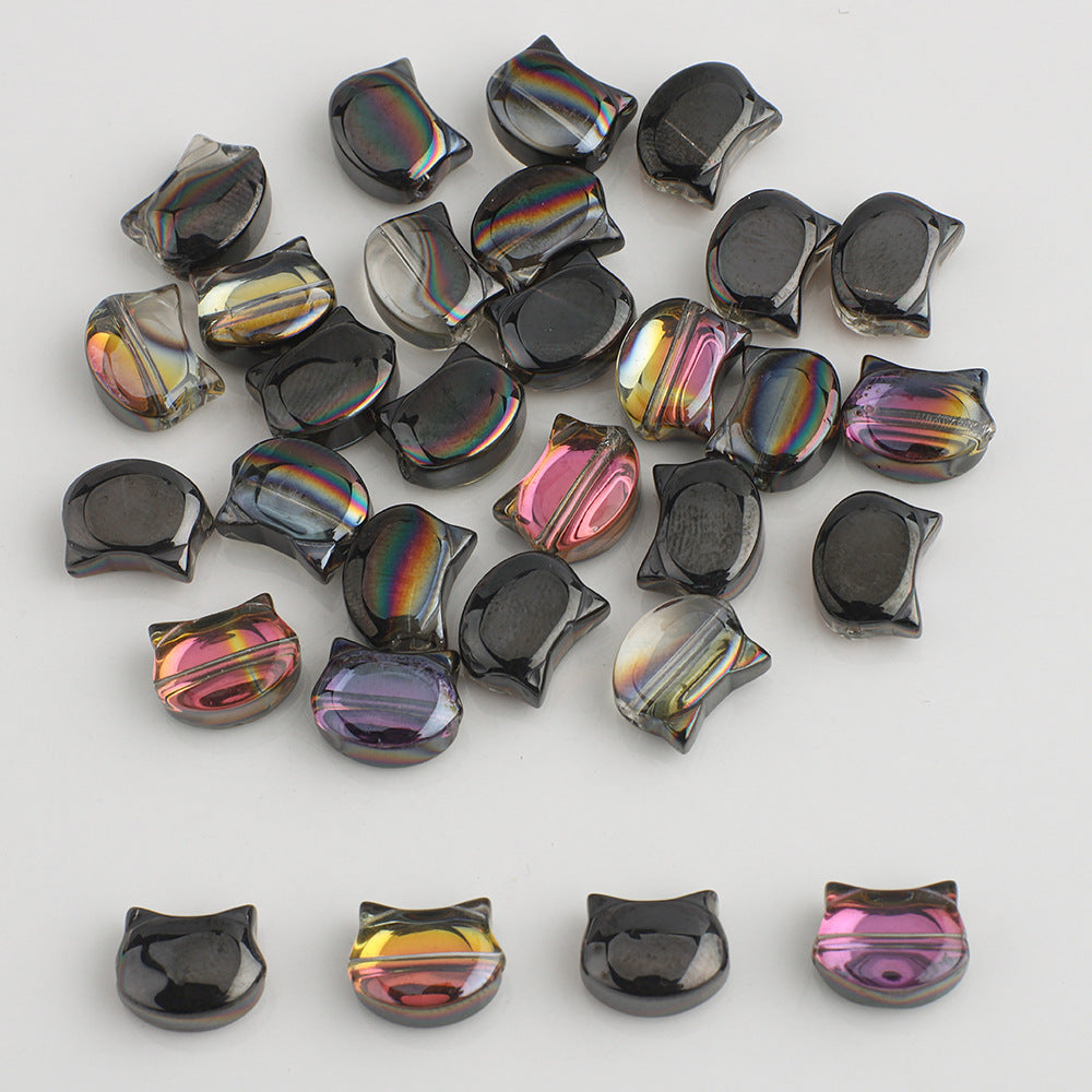 Plating Flat Cat Head Glass Beads 8mm x 10mm Iridescent Colors 30pcs 6