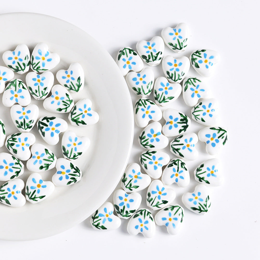 Fresh Floral Heart Ceramic Beads 15mm Hand Painted 5pcs 4