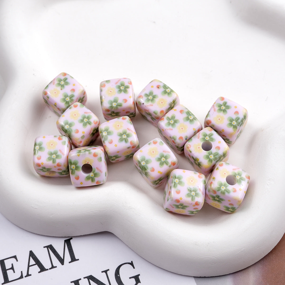 Vintage Spring Floral Plaid Square Acrylic Beads 13mm 50pcs 5