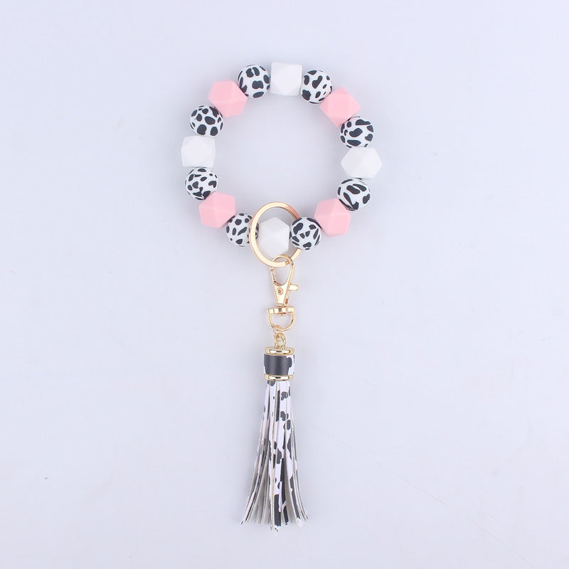 Leopard Print Silicone Bead Tassel Wristlet Keychain 6