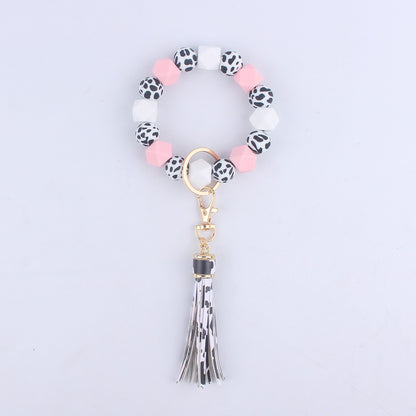 Leopard Print Silicone Bead Tassel Wristlet Keychain 6