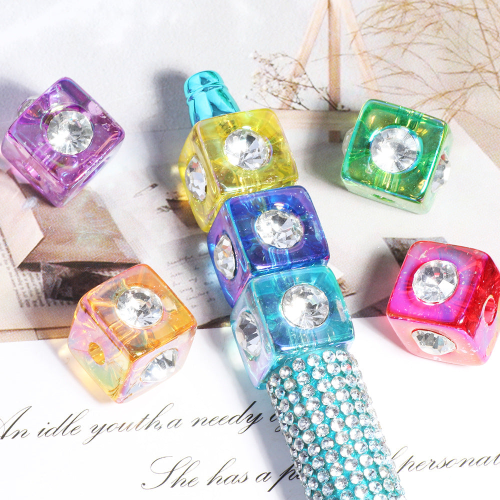 Rhinestone Inlaid Square Acrylic Beads 14mm Colorful Mixed 20pcs 4