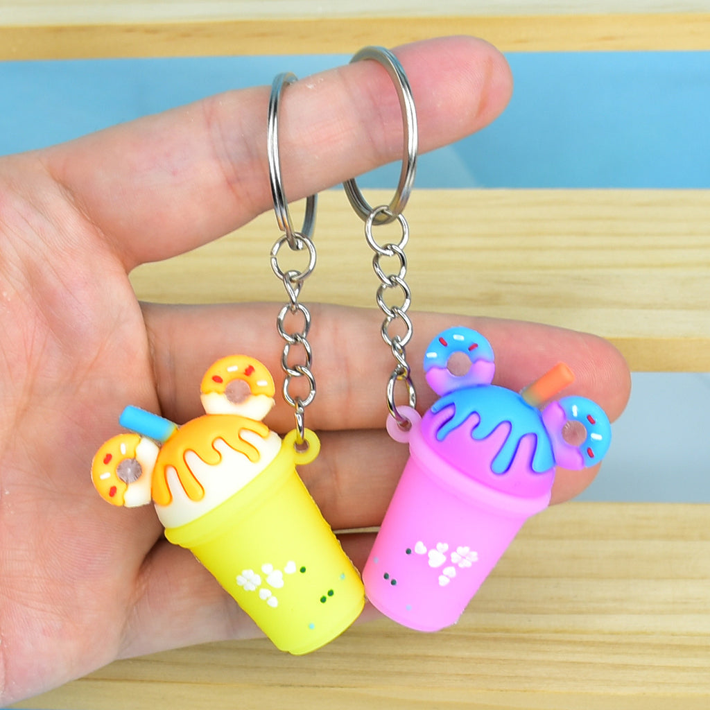 Soft Rubber Milk Tea Drink Keychain with Donut Ears and Dripping Tops 3