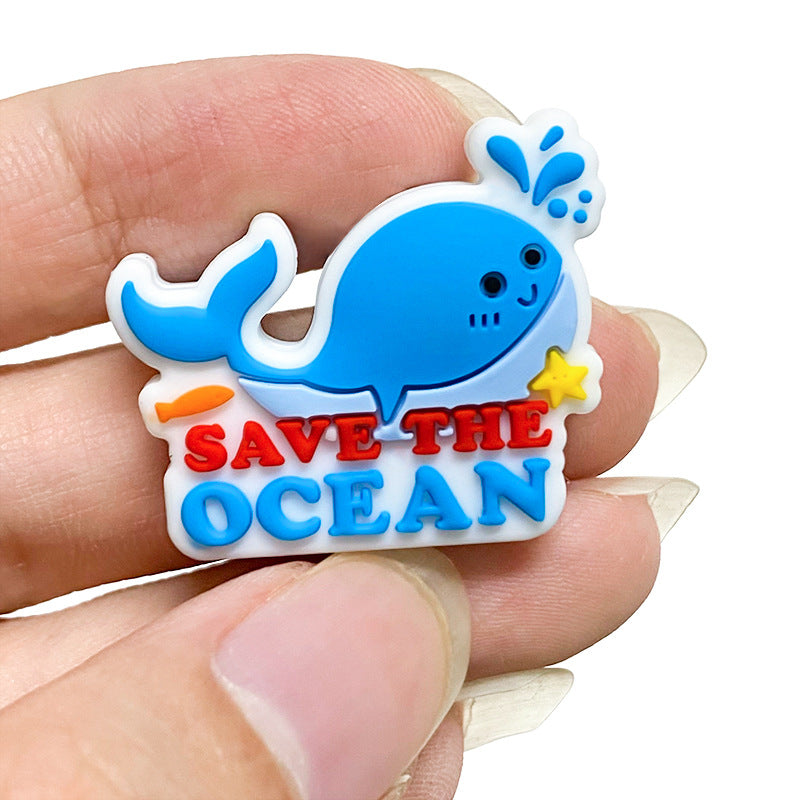 Silicone Focal Beads Blue Whale Save The Ocean Text 20pcs 4