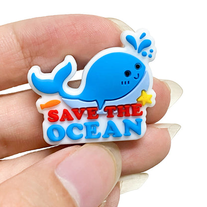 Silicone Focal Beads Blue Whale Save The Ocean Text 20pcs 4