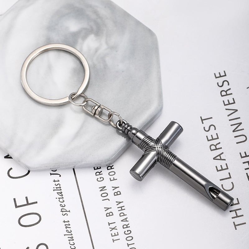 Alloy Cross Whistle Keychain Zinc Metal Industrial Style Silver Black 5