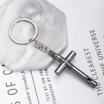 Alloy Cross Whistle Keychain Zinc Metal Industrial Style Silver Black 5