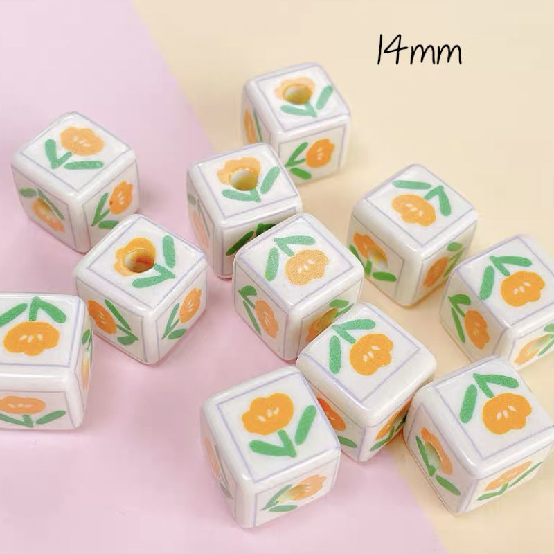 Cream Cartoon Printed Square Acrylic Beads 14mm 20pcs 16
