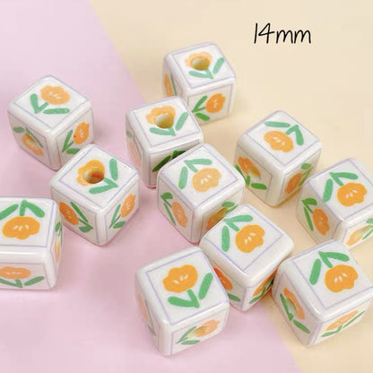 Cream Cartoon Printed Square Acrylic Beads 14mm 20pcs 16