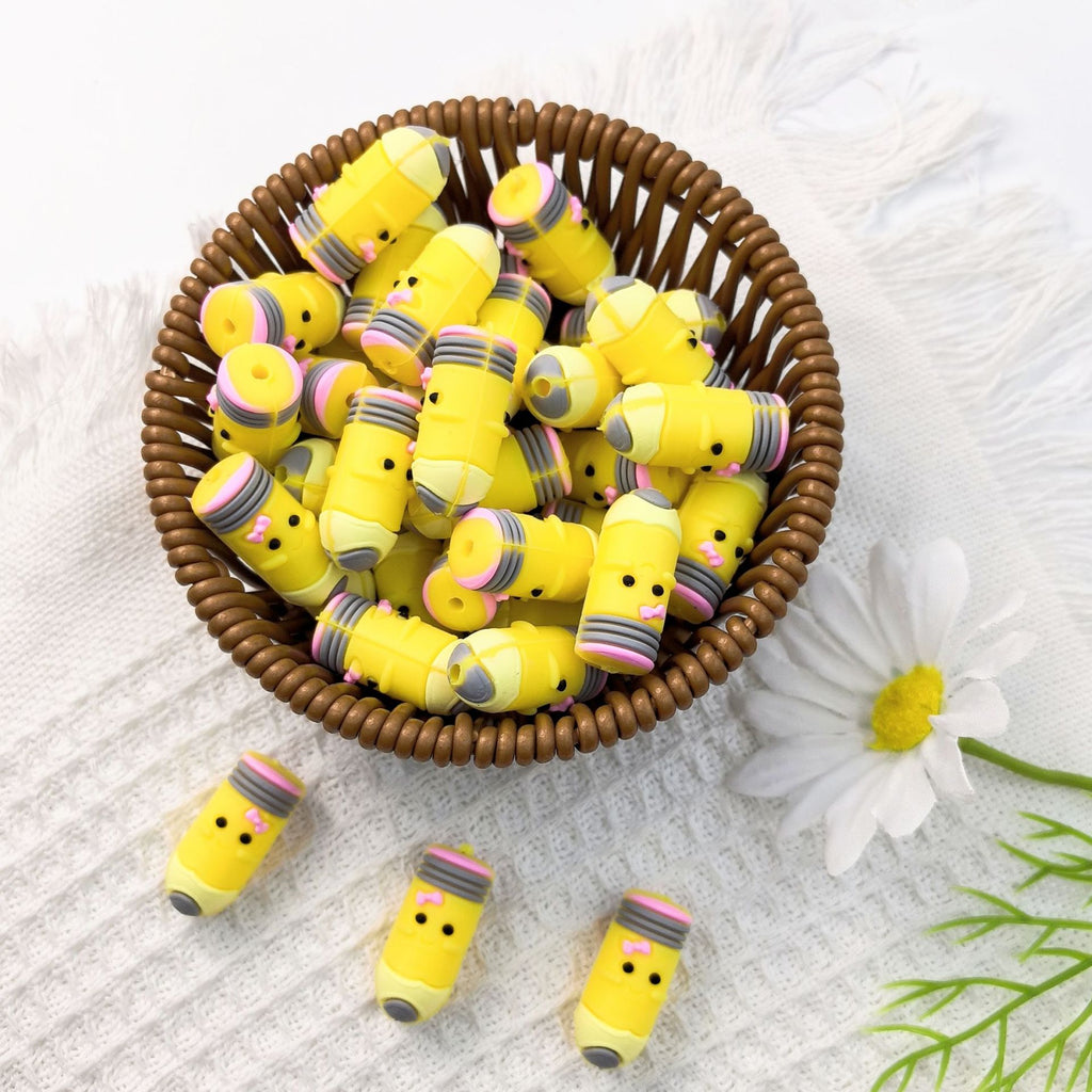 Silicone 3D Focal Beads Pencil Smiling Face With Pink Bow 20pcs 4