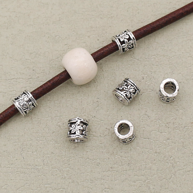 Flower Barrel Metal Beads 6mm Hollow Tibetan Silver Tone 2pcs 2