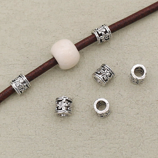 Flower Barrel Metal Beads 6mm Hollow Tibetan Silver Tone 2pcs 2