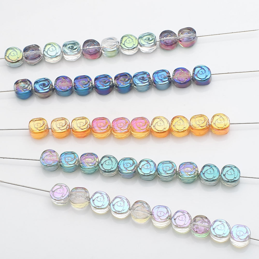 Electroplated Rose Glass Beads 6mm Small Etched Floral 50pcs 3