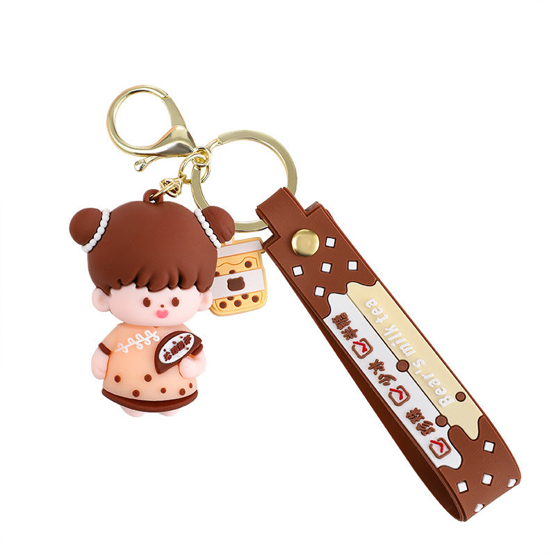 Silicone Cartoon Couple Keychain Bubble Tea Bear Charm with Strap