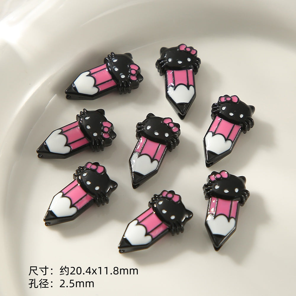 Kitten Series Metal Beads Black and Pink Enamel Alloy 10pcs 10