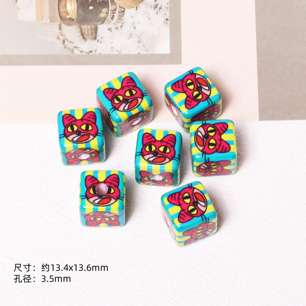 Cheerful Cartoon Animal Printed Acrylic Square Beads 13mm 20pcs 6