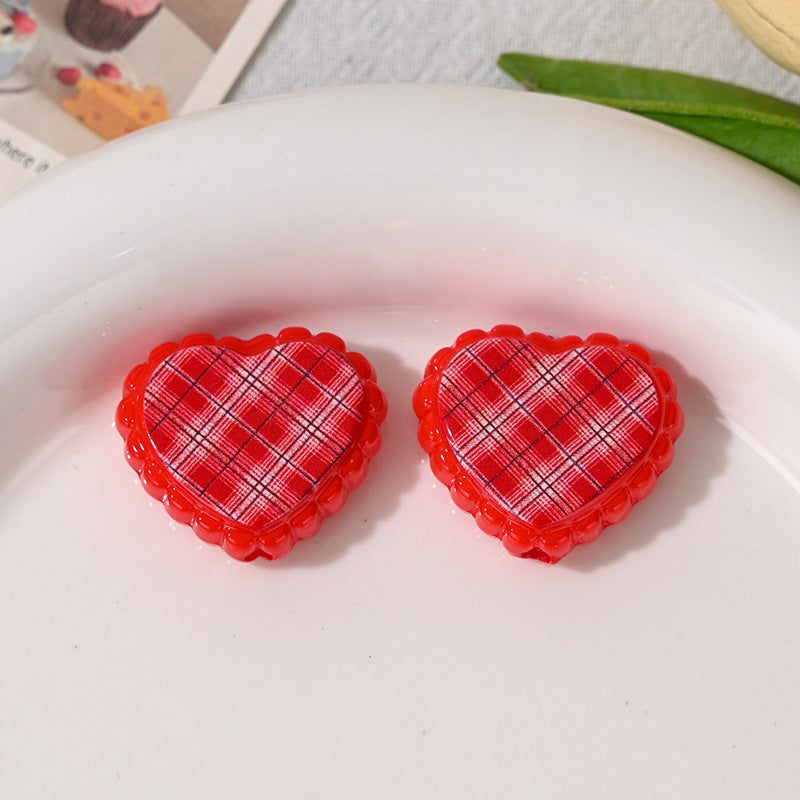 Checkered Lace Heart Acrylic Beads 26mm Colorful Mixed 10pcs 6