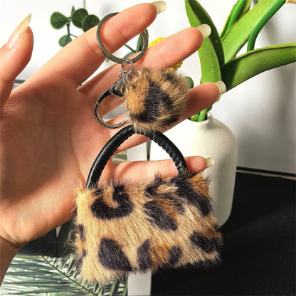 Leopard Print Plush Pom Pom Bag Keychain Soft Fluffy Animal Print 2pcs 8